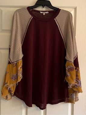 gimmicks by BKE Burgundy Raglan Top with Mustard Floral Bell Sleeves